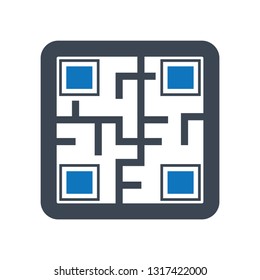 Labyrinth, maze, strategy, black maze icon isolated on white background. trendy modern logo design,. A professional, pixel-aligned, Linear Square Geometric, QR code flat icon. Round button,