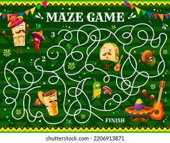 Labyrinth maze with vector mexican tacos, avocado and chimichanga, jalapeno and tamale cartoon characters. Kids educational game or puzzle worksheet with mexican food svg