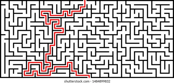Labyrinth of medium complexity with solution. Vector illustration of a maze. Abstract geometric background. Black and white pattern.
