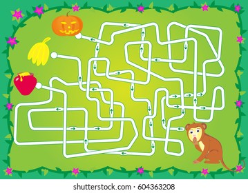 labyrinth with monkey, bananas, pumpkin, honey. help a monkey to keep banana. cartoon vector (editable layers)