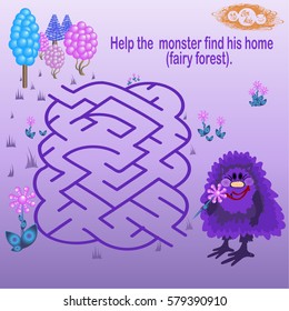 Labyrinth with monster. Vector learning kids play.
