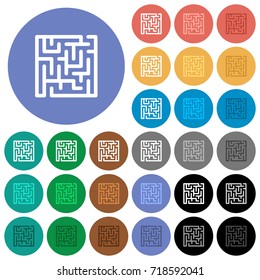 Labyrinth multi colored flat icons on round backgrounds. Included white, light and dark icon variations for hover and active status effects, and bonus shades on black backgounds.