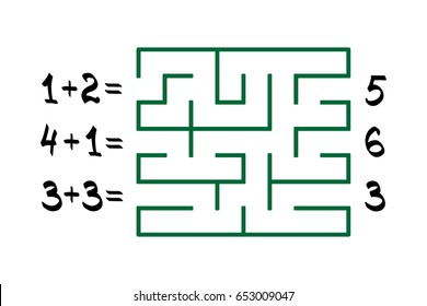 Labyrinth with numbers for children on the white background. Find the path to the 
correct answer. Numbers game. Vector flat illustration