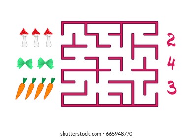 Labyrinth with numbers for children on the white background. Find the path to the correct answer. Numbers game. Vector illustration