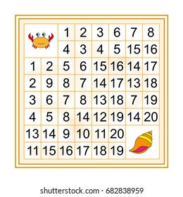 Labyrinth with numbers. Mathematical puzzle game. Learning mathematics. Counting from one to twenty. Tasks for counting for preschool children. worksheet for preschool kids - vector.