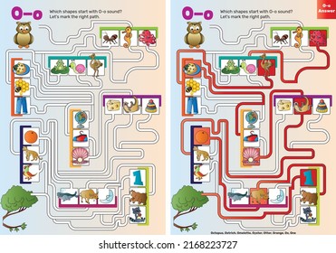labyrinth, o labyrinth, alphabet, a letter, letters, activity page, illustration, picture, puzzle, education, school, child, children, kindergarten, 