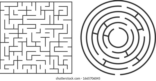 Labyrinth, passage of the maze. Square round maze isolated on white background. Vector, cartoon illustration. Vector.