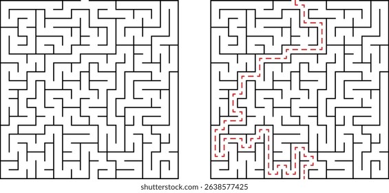 Labyrinth puzzle design with solution path finding illustrated on white backgrounds