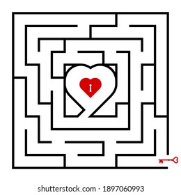 Labyrinth puzzle game, heart lock and red keys, black lines. Idea design concept valentine’s day for cards, posters, flyers, brochures, book covers, websites. Vector illustrations.