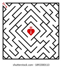 Labyrinth puzzle game, heart shaped padlock, crown on top, red key, black oblique line. Idea design concept valentine’s day for cards, posters, flyers, book covers, websites. Vector illustrations.