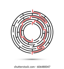Labyrinth with red exit road. Vector illustration