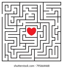 Labyrinth with red heart and to enters. Find your love. Find the way. Relationship. Happy Valentine's day card. Vector illustration.