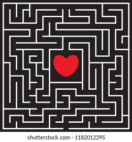Labyrinth with red heart. Find the way to the heart. Find your love. Happy Valentine's day card. Vector illustration.