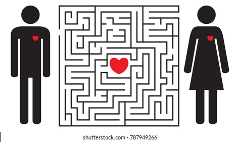Labyrinth with red heart.  Silhouettes of man and woman. Find your love. Find the way. Relationship. Happy Valentine's day card. Vector illustration.