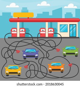 Labyrinth. Refueling of cars. A game for the development of logic for preschool children. Sheet for printing. Vector illustration