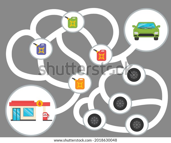 Labyrinth. Refueling of cars. A game for the\
development of logic for preschool children. Sheet for printing.\
Vector illustration
