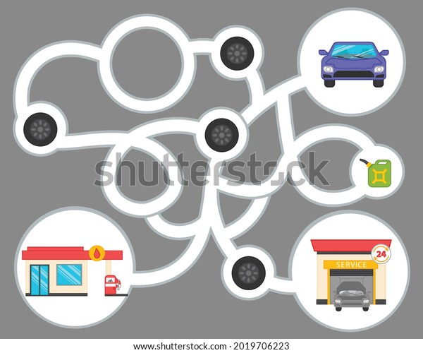 Labyrinth. Refueling of cars and service\
station. A game for the development of logic for preschool\
children. Sheet for printing. Vector\
illustration
