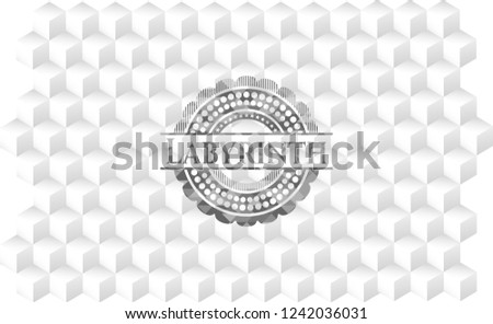 Labyrinth retro style grey emblem with geometric cube white background