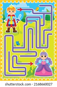 Labyrinth, road or path of the prince to the princess through the fields and forests. Children's puzzle game for the book.