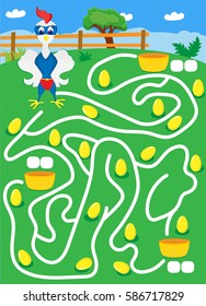labyrinth with rooster and gold eggs. find way where more eggs. cartoon vector with editable layers