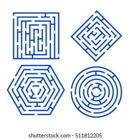 Labyrinth Set Different Shapes for Game, Books, Leisure. Vector illustration of maze square, round, hexagon, puzzle riddle logic game concept. Business sign, line symbol. 