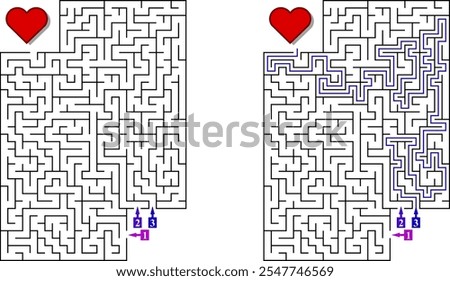 Labyrinth with several entrances. Find the right way and reach the exit of the maze. Mental educational game template with clue. Vector illustration.

