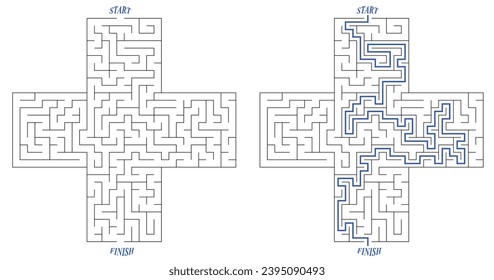 Laberinto en forma de cruz grande o signo positivo. Un icono grande más con un laberinto dentro. Diseño genial del juego de rompecabezas favorito. Solución incluida.