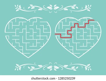 Labyrinth in the shape of a heart. Game for kids. Puzzle for children. Labyrinth conundrum. Flat vector illustration isolated on color background. With answer. Vintage style