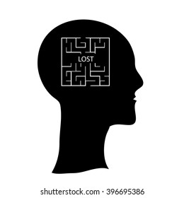 Labyrinth  in the shape of a human head.  Human head with maze inside brains, lost in mind vector concept illustration, icon