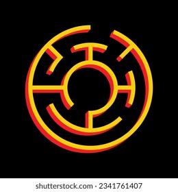 Labyrinth sign. 3D Extruded Yellow Icon with Red Sides a Black background. Illustration.
