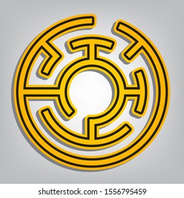 Labyrinth sign. Flat orange icon with overlapping linear black icon with gray shadow at whitish background. Illustration.