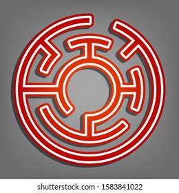 Labyrinth sign. Flat red icon with linear white icon with gray shadow at grayish background. Illustration.