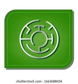 Labyrinth sign. Silver gradient line icon with dark green shadow at ecological patched green leaf. Illustration.