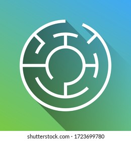 Signo de laberinto. Icono blanco con una sombra sin límites en gris sobre fondo verde a azul.  Ilustración.