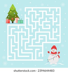 Labyrinth with snowman. Maze game. Happy New Year and Christmas vector Illustrations. 