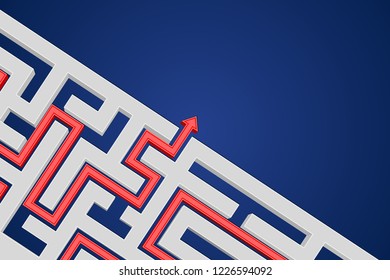 Labyrinth solution on blue background. Vector illustration