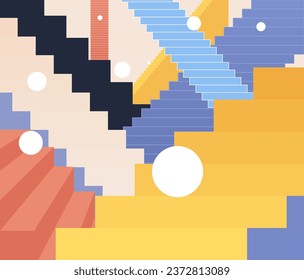 Labyrinth stairs surreal 2D illustration concept. Bouncy balls staircase isolated cartoon scene, white background. Fantasy geometric. Psychedelic retro steps metaphor abstract flat vector graphic