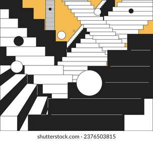 Labyrinth stairs surreal black and white 2D illustration concept. Bouncy balls staircase isolated cartoon outline scene. Fantasy geometric. Psychedelic retro steps metaphor monochrome vector art