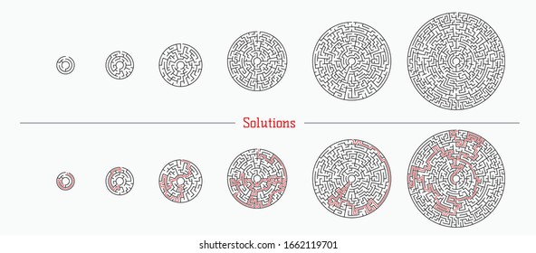 Labyrinth templates with a solution in red. Vector illustration of a set of 5 circle mazes for kids and not only at different levels of complexity. Riddle puzzle game. Searching for the exit to win.