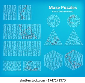 Labyrinth templates with solutions in red. Vector illustration square mazes for kids at different levels of complexity. Riddle puzzle games in different shapes. Simple and complex. Easy and hard.