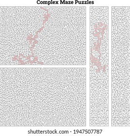 Labyrinth templates with solutions in red. Vector illustration square mazes for kids at different levels of complexity. Riddle puzzle games in different shapes. Simple and complex. Easy and hard.