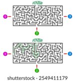 Labyrinth with three entrances. Find the right way and reach the exit of the maze. Mental educational game template with clue. Vector illustration.