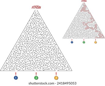 Laberinto con tres entradas. Encuentra la manera correcta y llega a la salida del laberinto. Plantilla de juego educativo mental con pista. Ilustración vectorial.