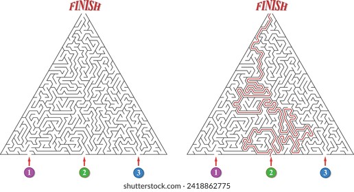 Laberinto con tres entradas. Encuentra la manera correcta y llega a la salida del laberinto. Plantilla de juego educativo mental con pista. Ilustración vectorial.