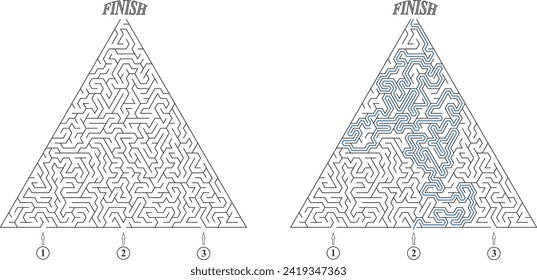 Labyrinth with three entrances. Find the right way and reach the exit of the maze. Mental educational game template with clue. Vector illustration.