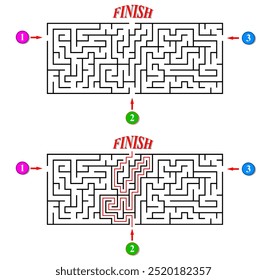 Laberinto con tres entradas. Encontrar el camino correcto y llegar a la salida del laberinto. Plantilla de juego educativo mental con pista. Ilustración vectorial.