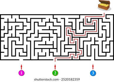 Labirinto com três entradas. Encontre o caminho certo e chegar ao peito com moedas de ouro. Modelo de jogo educativo mental com pista. Ilustração vetorial.