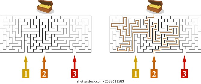 Labyrinth with three entrances. Find the right way and reach the pirate chest with golden coins. Mental educational game template with clue. Vector illustration.