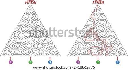 Labyrinth with three entrances. Find the right way and reach the exit of the maze. Mental educational game template with clue. Vector illustration.