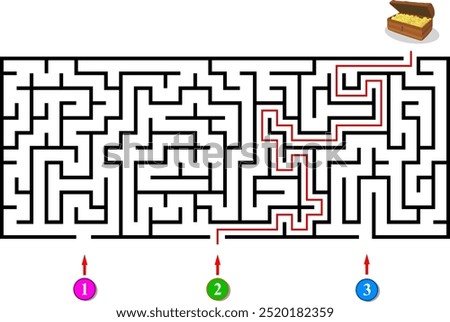 Labyrinth with three entrances. Find the right way and reach the chest with golden coins. Mental educational game template with clue. Vector illustration.
